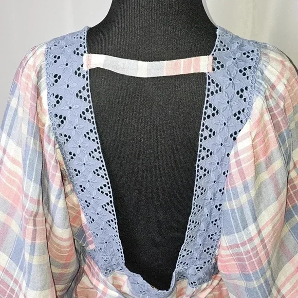 Free People Boho,Plaid/Lace Open Back Cottagecore Batwing Blouse XS - Picture 4 of 12